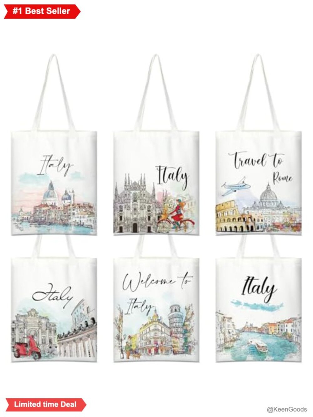 6-Pack Canvas Tote Bags Italy Travel Souvenir Watercolor Reusable Grocery Beach